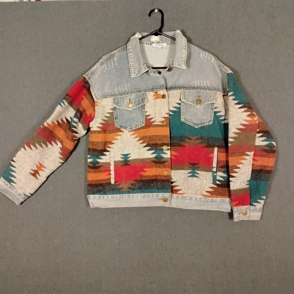 Polagram Womens M Southwestern Tapestry Denim Jacket Aztec Print Mixed Media - Picture 2 of 8